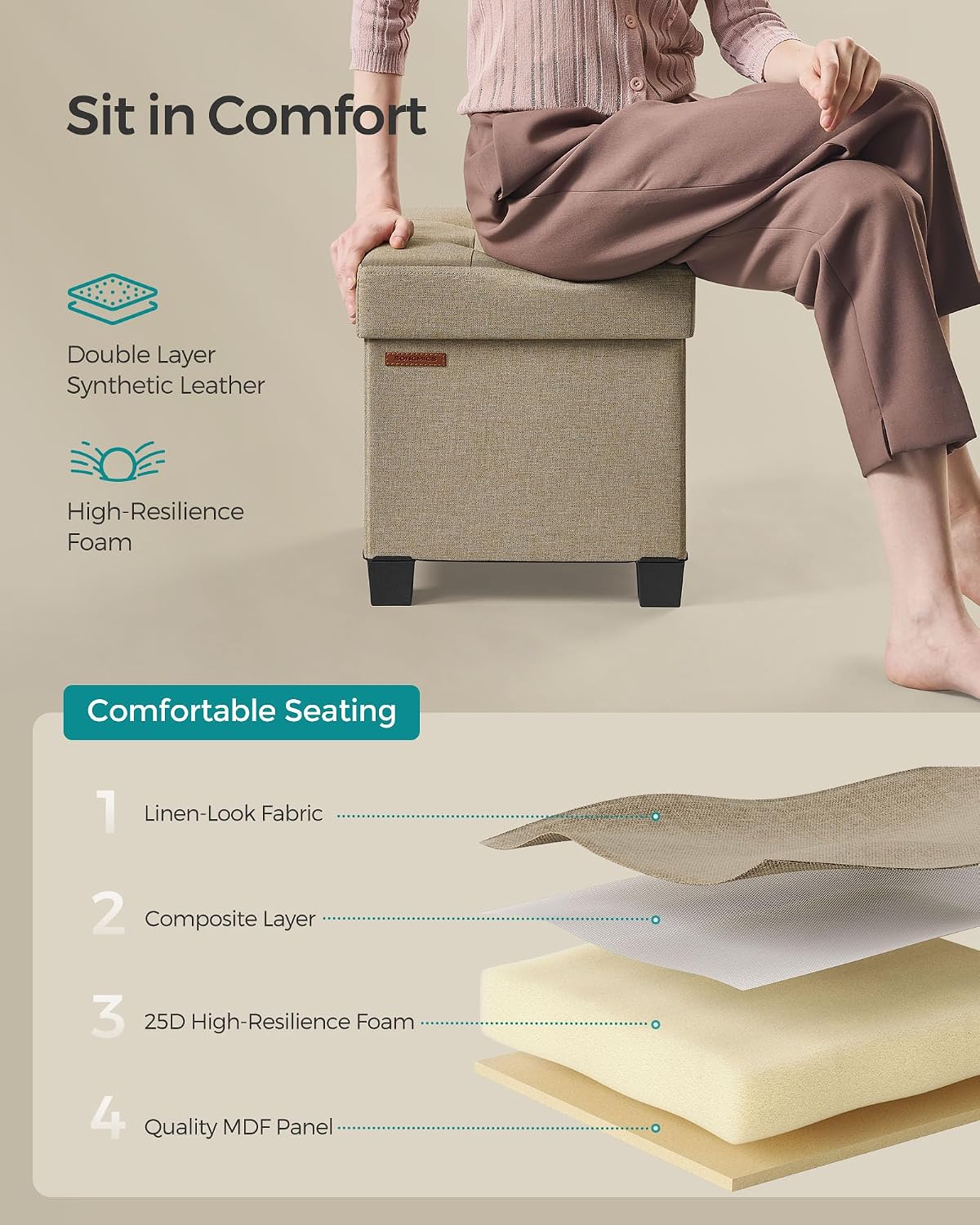 SONGMICS Storage Ottoman, Small Foot Rest, 15 x 15 x 15.7 Inches - Image 5