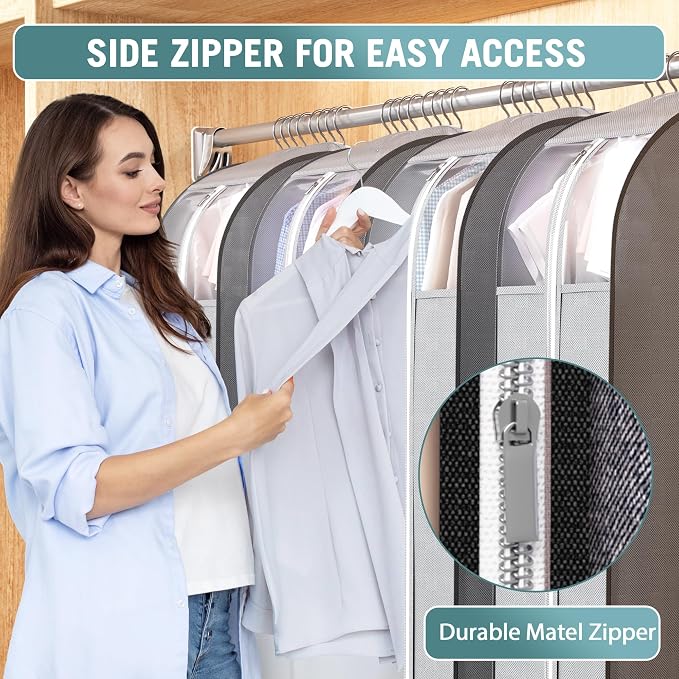 Liuoud 10" Gusseted Garment Bags for Hanging Clothes with Clear Window, 50” | Suit Bags for Closet Storage with Large Metal Zipper, Breathable odorless Hanging Plastic Clothes Cover for Coat Dress Fur - Image 4