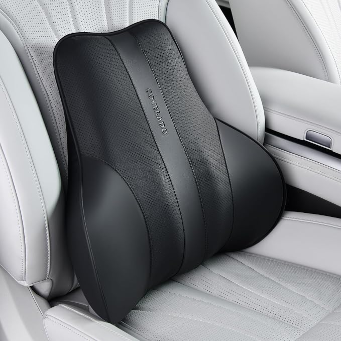 Coverado Lumbar Support Pillow for Car, Ergonomic Memory Foam Back Pillow for Office Chair, New Back Cushion for Pain Relief, PU Leather Car Lumbar Support for Driving Seat - BK by COVERADOAUTO