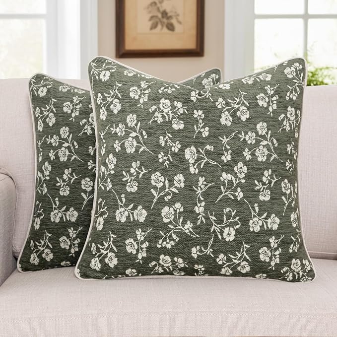 20x20 Chenille Jacquard Throw Pillow Cover, Olive Green Vintage Floral Cushion Case with Piped Edges, Decorative Large Accent for Sofa, Bed & Couch, 2 Pack by Vfuty