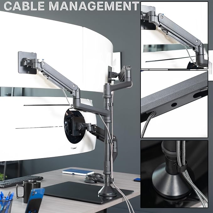 VIVO Pneumatic Arm Triple Ultrawide Monitor Desk Stand for Up to 49 inch Screens with Tempered Glass Base, Holds 3 Ultra Wides Up to 33 lbs Each, Black, STAND-V300FG - Image 8