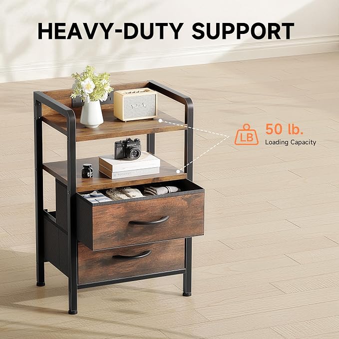 Lazzanto Nightstand with Rear Charging Station, LED Light, 2 Drawers, Brown | Industrial Nightstand, 2 USB-A Ports & AC Outlets, Raised Back Guard, Fabric Storage Drawers, Bedside Table for Bedroom, Dorm - Image 7