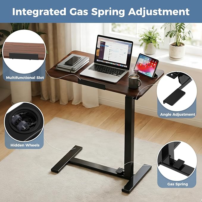DUMOS Rolling Desk, Laptop Desk, Overbed Table with Wheels | Mobile Overbed Bedside, Portable Computer Workstation, Bed Sofa Couch, Adjustable Height, Chocolate - Image 7