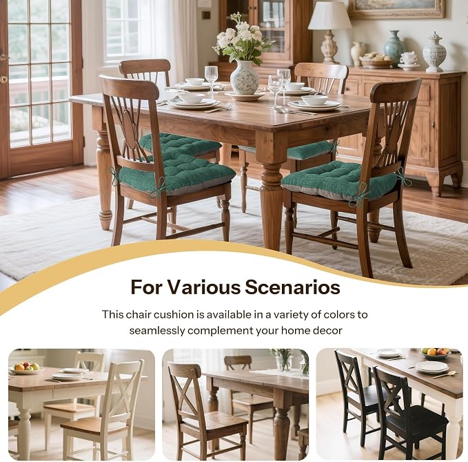 Chair Cushions for Dining Chairs Set of 4, 18"x18"x3", Green | Non-Slip with Ties, Tufted, Faux Linen, Seat Cushions for Dining Room Kitchen Breakfast Nook Indoor Home Office Living Room - Image 5