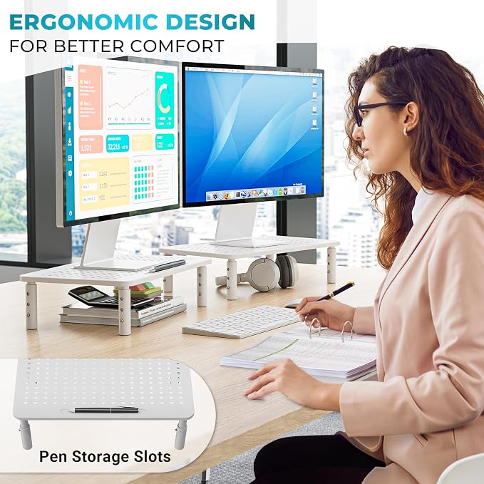 BONTEC Monitor Stand for Desk 2 Pack, 3-Level Height Adjustable, White | 14.5 x 9.1 in Ergonomic Metal Computer Stand with Pen Holder & Cable Management for Printer, Laptop and Office Workstation - Image 8