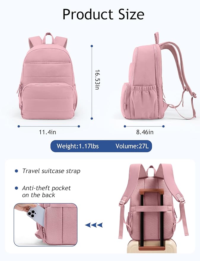 Uselike Travel Backpack for Women, 15.6 Inch Laptop Backpack, Quilted College Bookbag, Cute Work Backpacks, Water Resistant (Mauve Pink) - Image 4