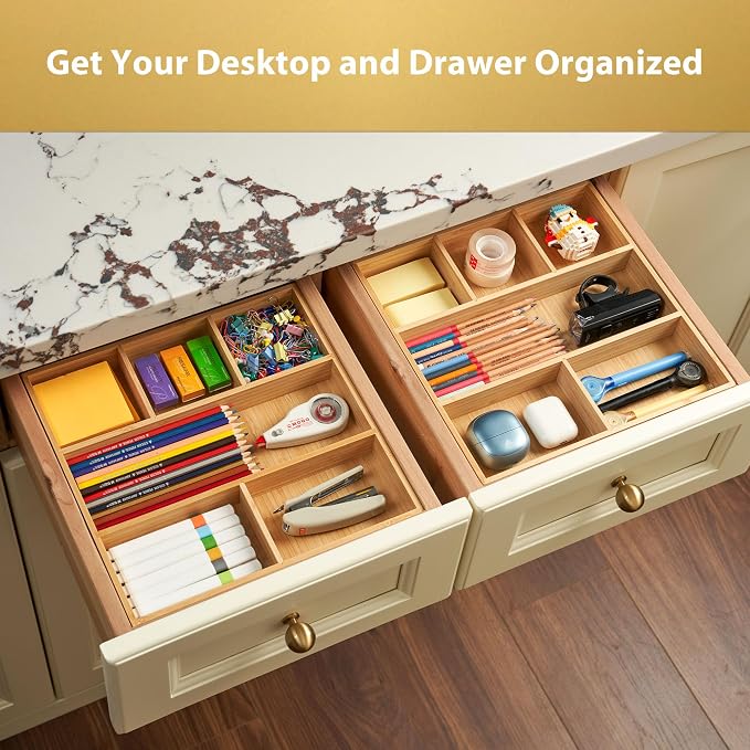 Bamboo Desk Drawer Organizer, Wood Office Junk Tray, 12"x12" | 1.8" Tall for Shallow Drawer - Adjustable dividers - Anti Slip Silicone Pads - Versatile Storage Box in Kitchen, Pantry - Image 4