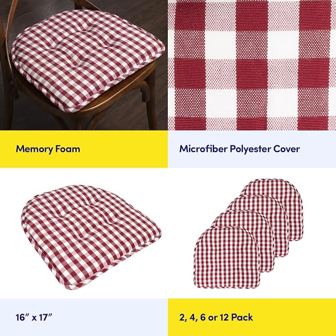 Sweet Home Collection Chair Cushion Memory Foam Pads Tufted Slip Non Skid Rubber Back U-Shaped 17" x 16" Seat Cover, 2 Count (Pack of 1), Checkered Wine/White - Image 6