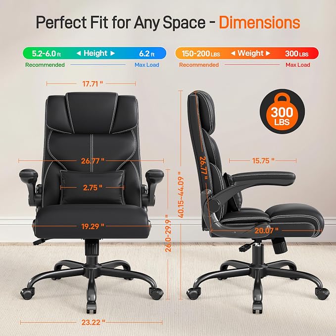 Office Chair, Executive Mid-Back Computer Desk Chair with Flip-up Armrests | 300 Lbs Ergonomic Leather Swivel PC Chair with Rock Function for Working Studying (Black) - Image 2
