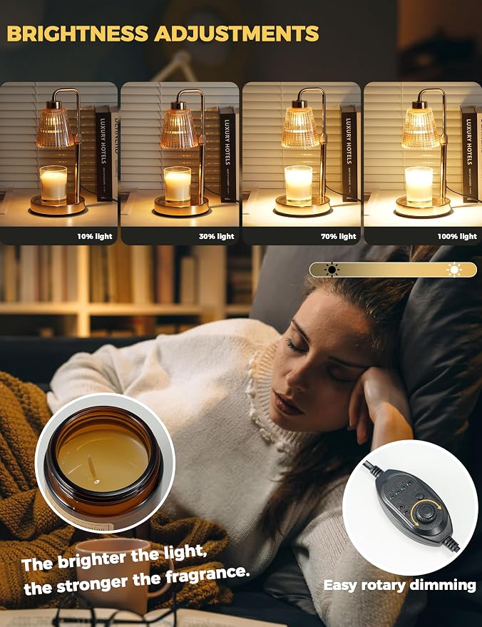Gold Candle Warmer Lamp with 24h Cycle Timer, Dimmable Wax Melt Warmer | Gold Desk Lamp with 2 Bulbs, Candle Holders Gold Decor for Living Room Office Apartment Dorm Birthday Gifts for Women Mom Her - Image 3