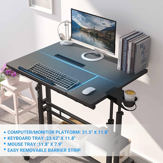 Mobile Standing Desk, Adjustable Rolling Computer Desk with 3 Desktops, Portable Laptop Table with Cup Holder, Home Office Laptop Workstation on Lockable Wheels, Black | Triple desktops, cup holder, lockable wheels, portable workstation, for home office - Image 5