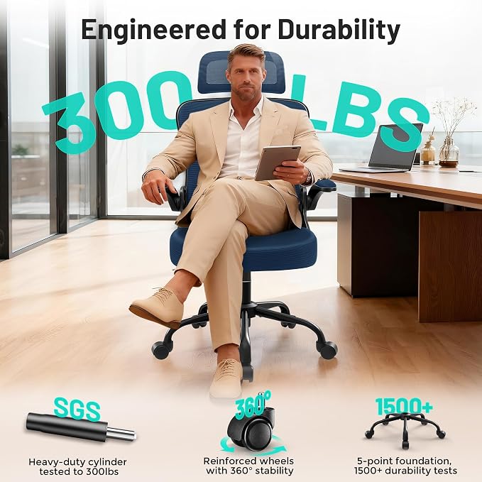 Office Chair - Ergonomic Desk Chair Breathable Mesh Chair with 2D Headrest & Adjustable Lumbar Support - Executive High Back Rolling Swivel Computer Gaming Chair with Wheels Flip-up Armrests - Image 8