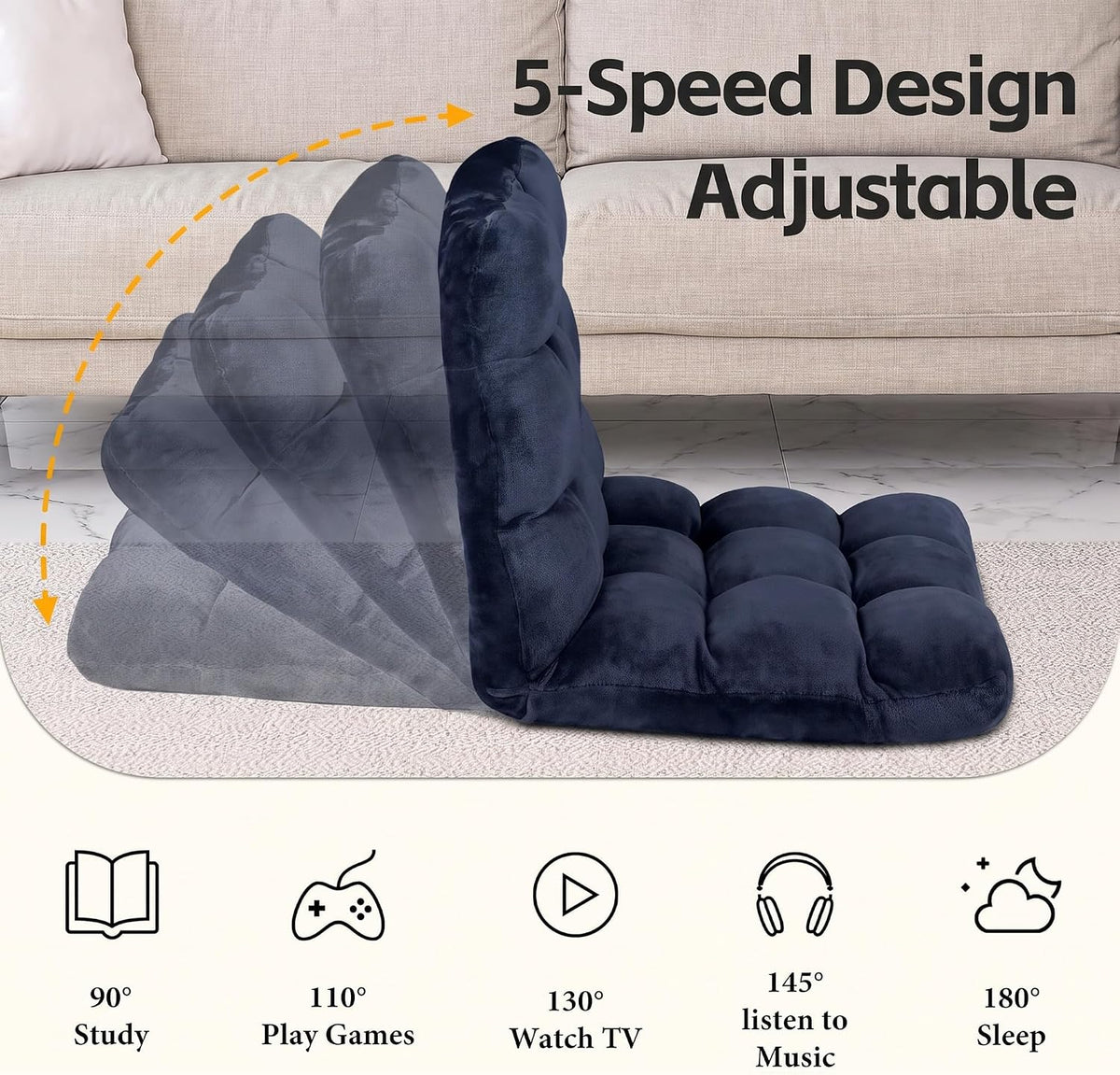 SUPER DEAL 14-Position Folding Floor Chair Gaming Sofa Cushioned Padded Reclining Bed Lounge Couch Seating for Comfy Reading, Reading, Gaming, Relaxing, Watching TV， Blue - Image 6
