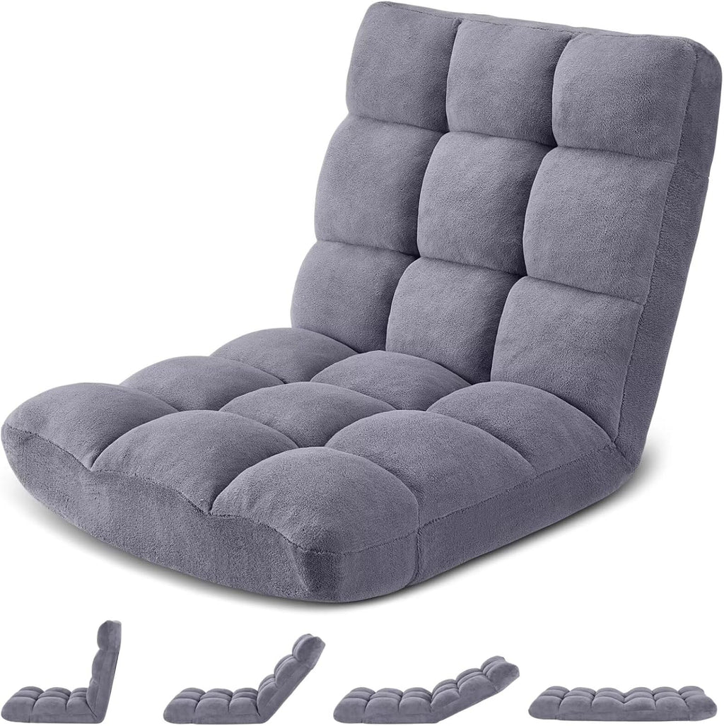 Folding Floor Gaming Chair 14-Poistion Cushioned Adjustable Floor Lazy Sofa Chair w/Breathable Cotton & Skin-Friendly Coral Velve for Adults & Kids Perfect for Reading Gaming Meditating, Grey by Avocahom