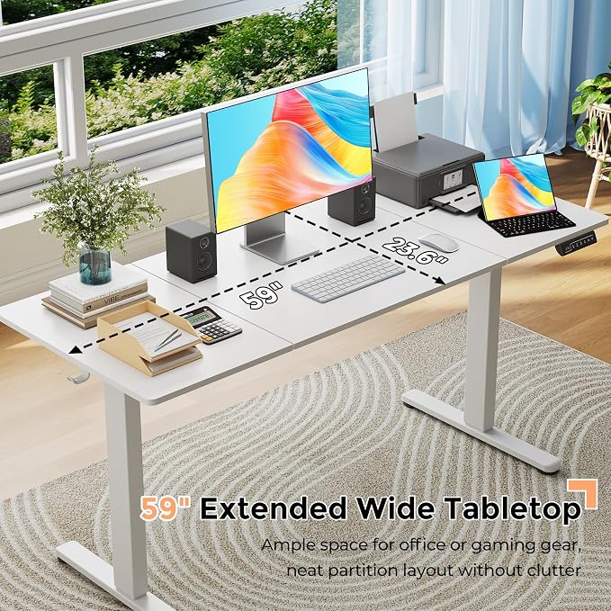 59"×24" Large Electric Standing Desk, Sit Stand Desk, White | 3 Memory Preset Height Adjustable Desk with 2 Hooks for Home Office & Gaming, Heavy Duty Computer Desk with Spliced Tabletop - Image 6