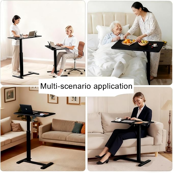 Mobile Small Standing Desk with Hidden Wheels, Pneumatic Laptop Desk, Rolling Computer Cart Movable, Portable Rolling Computer Sit Stand Side Table for Couch, Home, Office, Black - Image 6