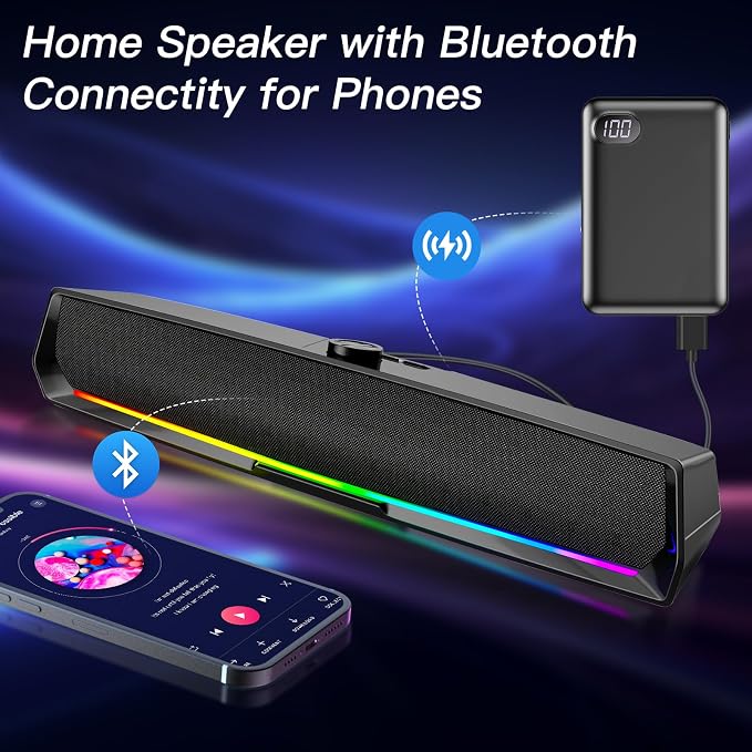 Computer Speakers for Desktop,PC Speakers Gaming Sound bar with Colorful Light,USB Speaker With Bluetooth for PCs Desktop Laptop Tablets,Wired Bluetooth Speaker for Phones(Type-C Adapter Included) - Image 7