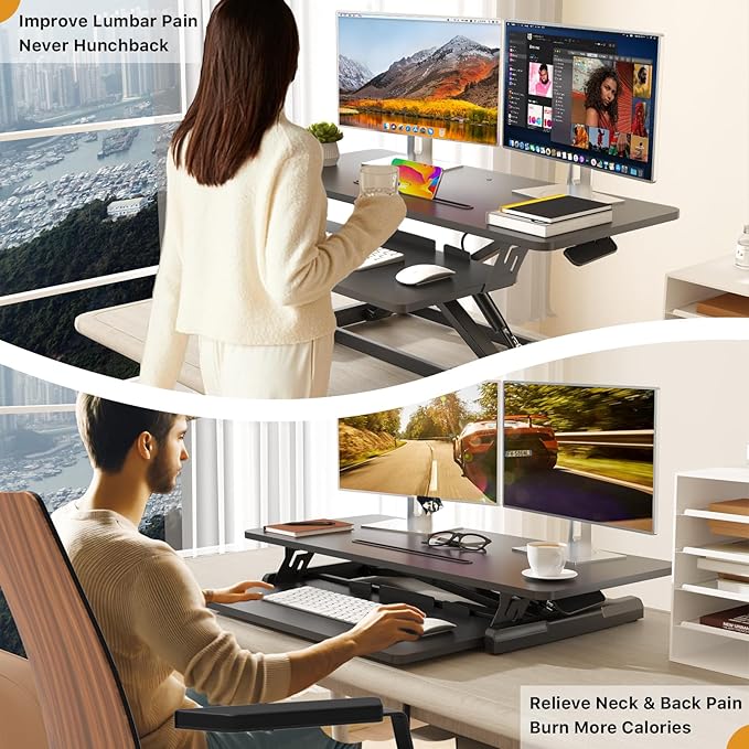 JOY worker Standing Desk Converter, 35" Height Adjustable Sit Stand Riser | Black Desktop Sit to Stand Riser with Fixed Keyboard Tray, Dual Monitor and Laptop Workstation, Particle Board, Home Office - Image 5