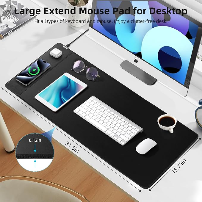Wireless Charging Mouse Pad, Gaming Desk Mat with 20W Adapter, 31.5"x15.7" | Large XXL Desk Pad, Non-Slip Rubber Base, Ultra-Smooth Surface, Waterproof Computer Keyboard Pad for Home Office, Black - Image 3