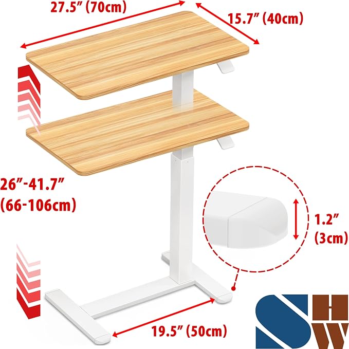 SHW Height Adjustable Mobile Laptop Desk w/Pneumatic Lift, Oak | Height Adjustable from 26" to 41.7" | Compact C-Shaped Side Table for Home Office and Bedside - Image 3