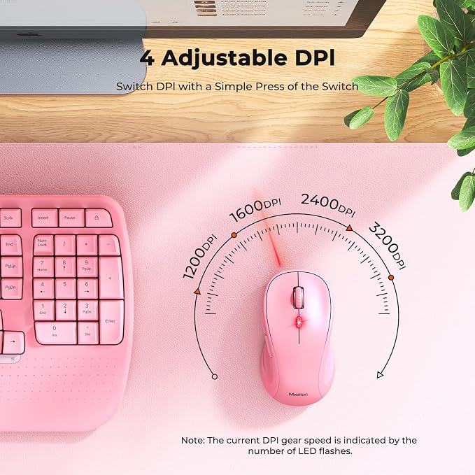 MEETION Ergonomic Wireless Keyboard and Mouse Combo with Wave Keys, Pink | Natural wave keys, hard wrist rest, 2.4G USB receiver, full-size layout, 4 DPI optical mouse, for Windows, Mac, desktop PC - Image 6