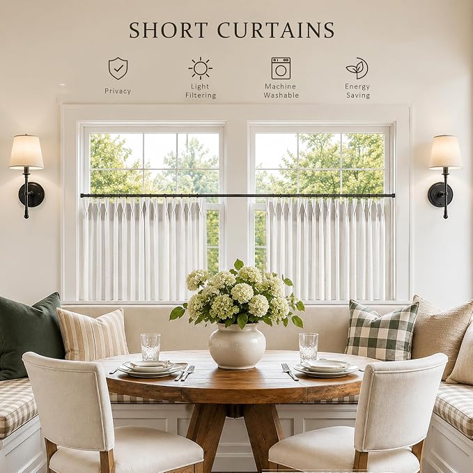 Hokibero Natural Pleated Linen Tier Curtains 48 Inch Long 2 Panels for Cafe | Ivory Light Filtering Sheer Curtain,Pinch Pleated Back Tab Hooks Rings,Boho Farmhouse Textured Privacy Drapes for Kitchen - Image 2