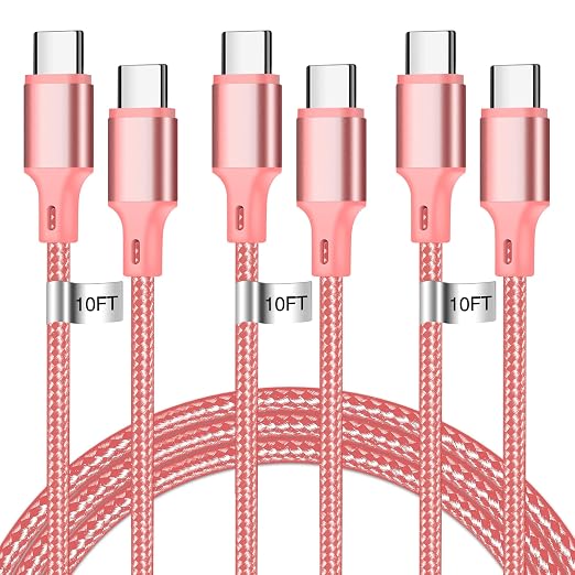 USB C to USB C Cable, 3 Pack 10ft Type C Fast Charger Cord (Pink) | Nylon Braided High-Speed Data Transfer Wire for iPhone 17/16/15 Plus/Pro Max iPad Air Ps5 Controller Samsung Galaxy by CUGUNU