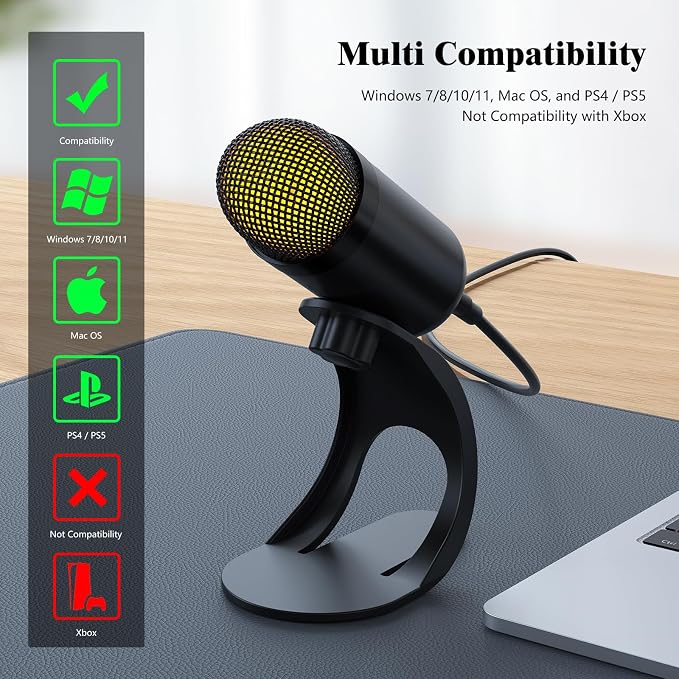 USB Computer Microphone, Podcast Mic Desktop with Mute Button for Recording Streaming, Color Change, Omnidirectional Condenser, Plug and Play with Stand for PC, Laptop, Mac, YouTube - Image 6