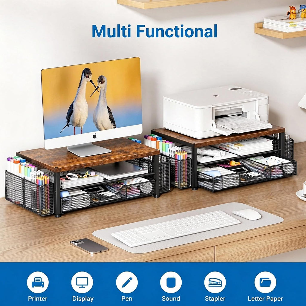 Desk Organizer, Monitor Stand Riser with Drawer and 2 Pen Holders - Image 3