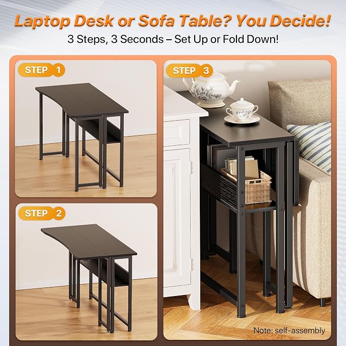 Huuger Folding Desk with Storage Shelf, 39.3 Inch Foldable Computer Table | Writing Work Office Computer Desk for Small Spaces, Space Saving Sofa Table for Couch, Easy to Fold, Black - Image 4