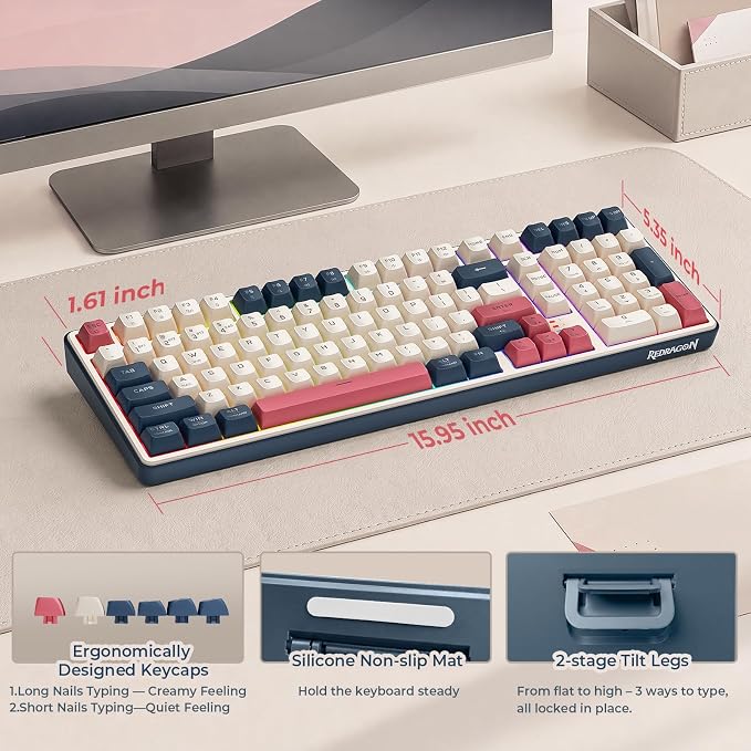 Redragon K528 Wireless Gaming Keyboard Bluetooth Computer Keyboards Creamy Cute with Number Pad RGB Backlit Tri-Mode BT/2.4GHz/USB-C, 4000mAh Battery for Win/MAC- Dusty Olive - Image 5