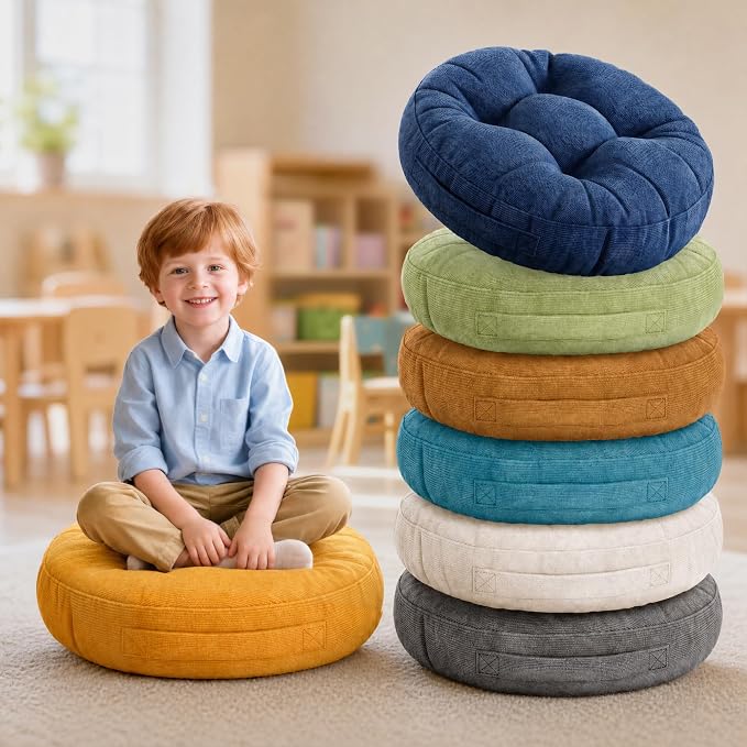 Floor Cushions For Kids 6Pack, Round Flexible Classroom Seating, 15 inch | Waterproof Floor Pillows With Handles, Safe Smolder Resistance Sitting Pillow For Elementary, Daycare & Reading, Vibrant by DegreesofComfort