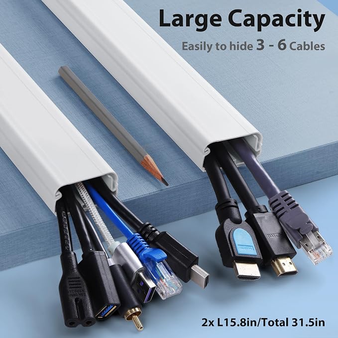 Cord Cover Wall 32in, TV Cord Hider for Wall Mounted TV, Large Cable Hider Kit for 3-6 Cords, Wire Management Raceway, White Wire Hider Concealer, 2 x L15.8in, W1.5in H0.75in - Image 2