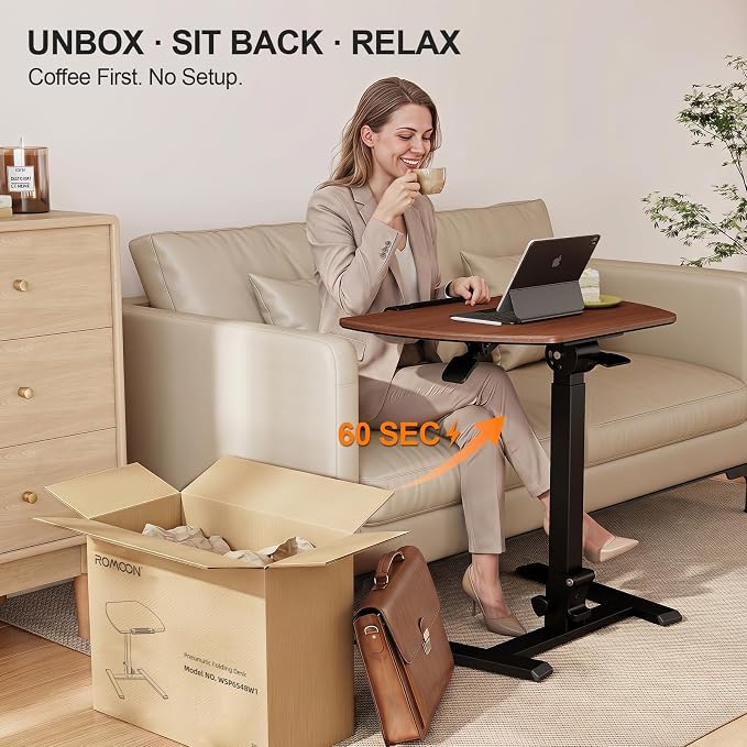 ROMOON Folding Standing Desk with Wheels: No-Assembly, Height Adjustable | Portable Sit-Stand Laptop Cart with Tilt Top, Rolling Computer Table for Home Office, Sofa, Bedroom and Small Spaces, Walnut - Image 5