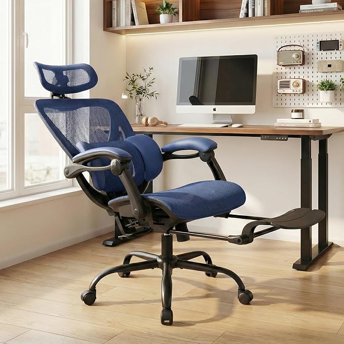 MALOL Ergonomic Mesh Office Chair with Footrest, Executive High Back Computer Desk Chair with 3D Adjustable Headrest & 5-Level Lumbar Support, Reclining Tilt Lock, 3D Arms, 300LBS Capacity, Blue - Image 2