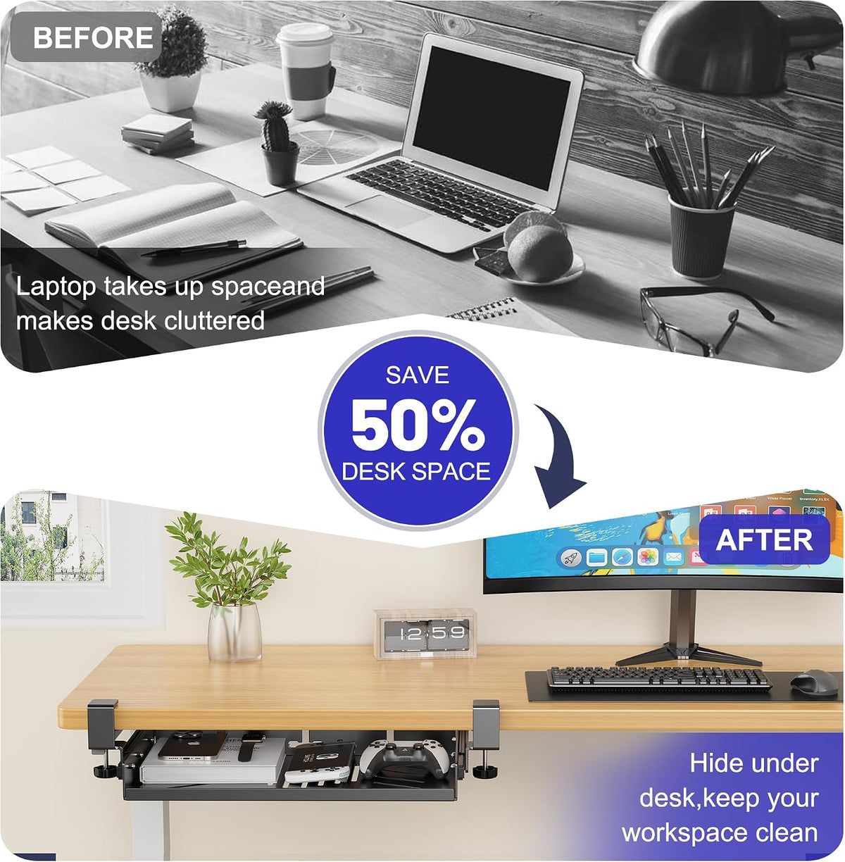 BYMECOST Sliding No Drill Under Desk Laptop Mount, Metal Storage Shelf - Image 4