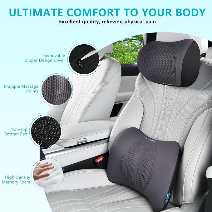 Lumbar Support with Car headrest Back Pillow for Chair Headrest Pillow with Gel Memory Foam Massage Point Memory Foam Back Pillow for Office Chair(Light Grey) - Image 2