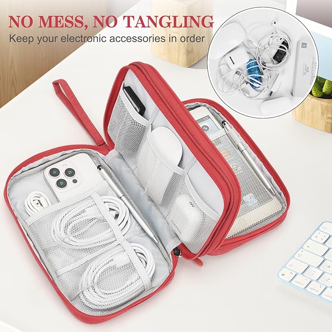 FYY Electronic Organizer, Travel Tech Pouch Bag, Large, Red | Wrist Strap, Waterproof, Double Layers Portable Electronics Travel Carrying Case for Cord, Charger, Daily Business Trips Use - Image 5
