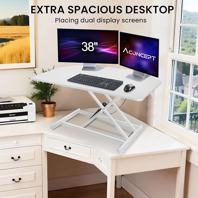 Aconcept 38 inch White Corner Height Adjustable Standing Desk Converter, One-Click Sit to Stand up Desk Riser, Pre-Assembled for Dual Monitor and Laptop Workstation - Image 8