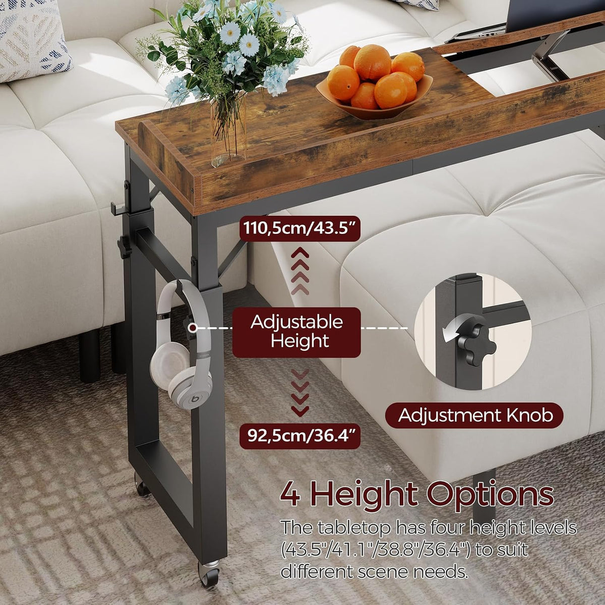 MAHANCRIS Overbed Table with Wheels, Mobile Bed Desk for Queen Size, Rustic - Image 7