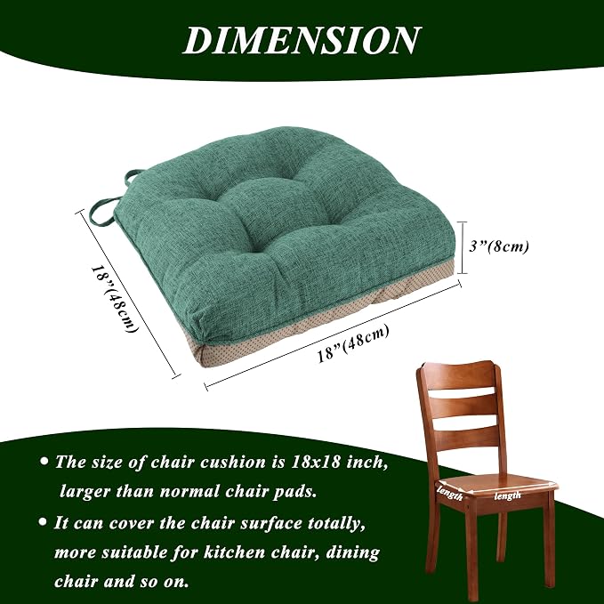 Chair Cushions for Dining Chairs Set of 2, 18"x18"x3", Green | Non-Slip with Ties, Tufted, Faux Linen, Seat Cushions for Dining Room Kitchen Breakfast Nook Indoor Home Office Living Room - Image 2