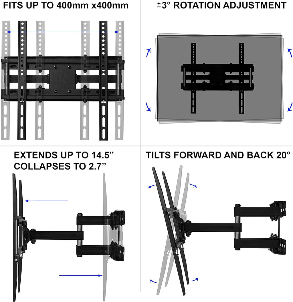 Cheetah Articulating Dual Arms TV Wall Mount for 32-65 Inch TVs, 115lbs VESA 400x400mm, 16" Studs, New TVs up to 83", Low Profile & Extends 14", Full Motion Tilt Swivel Bracket & 10 ft HDMI Cable - Image 4