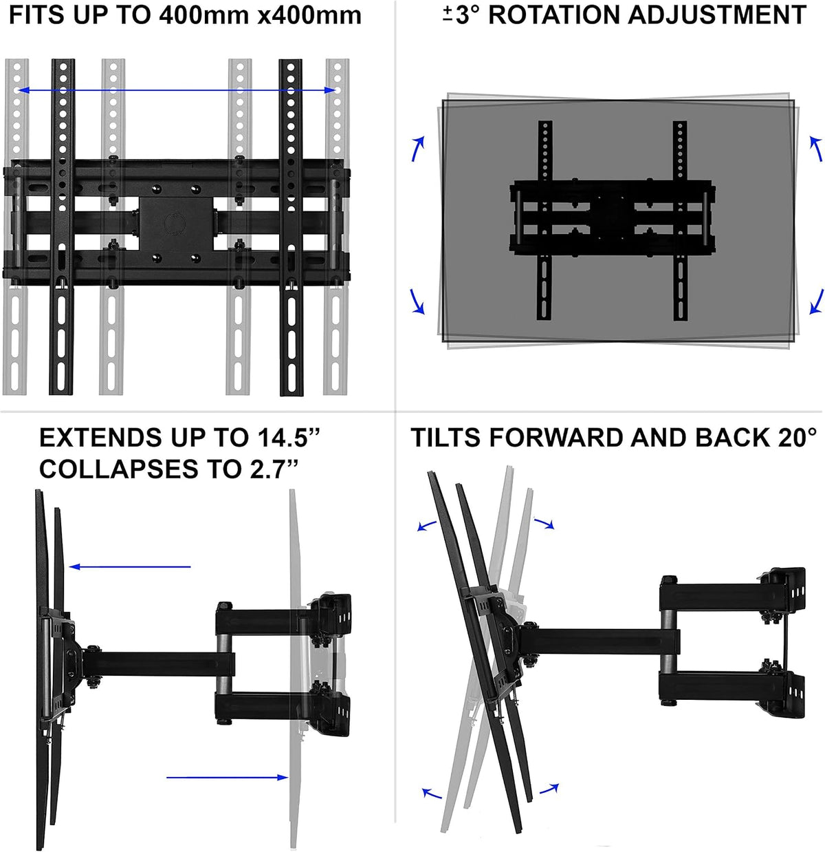 Cheetah Articulating Dual Arms TV Wall Mount for 32-65 Inch TVs, 115lbs VESA 400x400mm, 16" Studs, New TVs up to 83", Low Profile & Extends 14", Full Motion Tilt Swivel Bracket & 10 ft HDMI Cable - Image 4