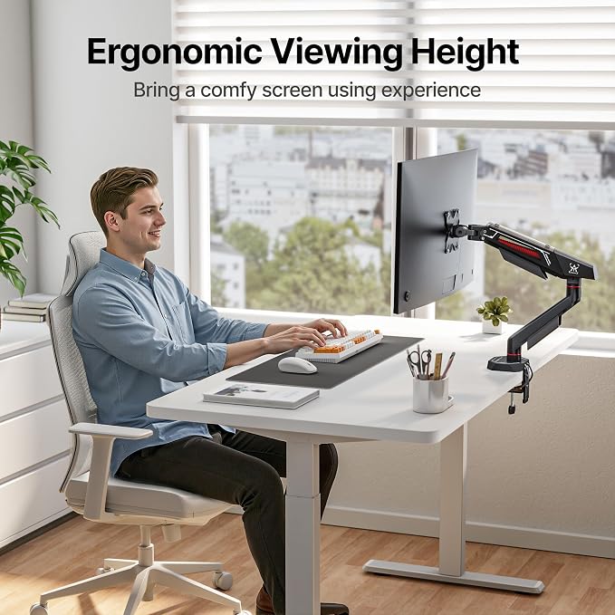 ARES WING 17-40 Inch Heavy Duty Single Monitor Arm with USB, Black | Fully Adjustable Monitor Mount for Flat Curved Ultrawide Screens Up to 26.5lbs, C-Clamp & Grommet Base, 75/100 Vesa Mount - Image 9