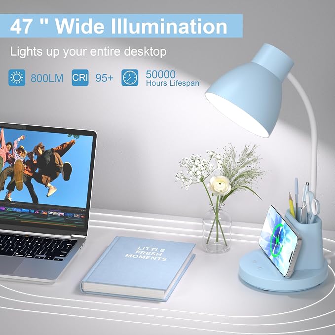 10W Wireless Charging LED Desk Lamp with Pen Holder, CRI 95, Blue | 800LM, 3 Modes, 360°Flexible Arm, Touch, Brightness, Table Lamp for Home Office, Dorm, Bedside, Study, Reading, with Adapter - Image 7