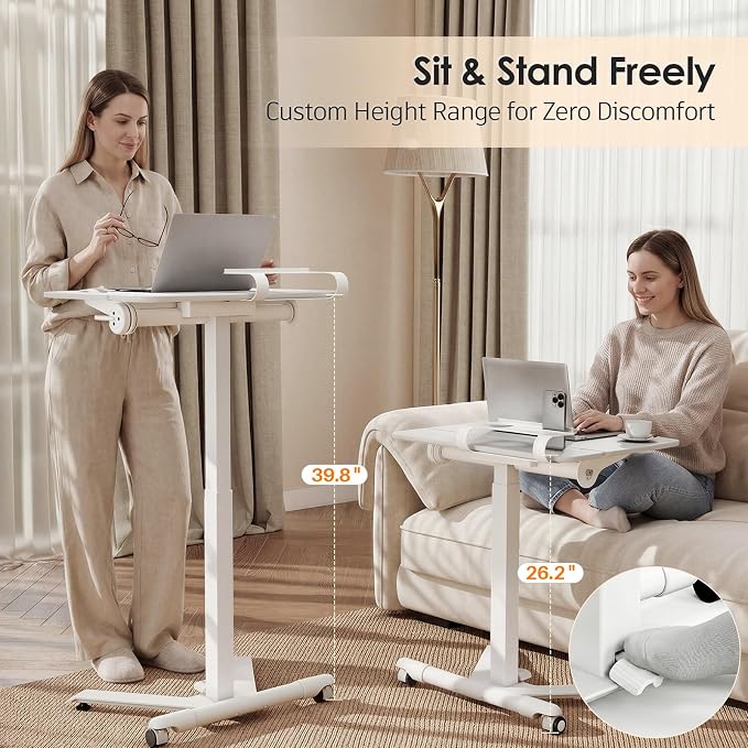ROMOON Portable Standing Desk with Wheels, Height Adjustable Mobile Desk | Rolling Laptop Cart with Tilt Top, Storage, 24" Sit-Stand Computer Table for Home Office, Bedroom, Dorm, Small Spaces, White - Image 3