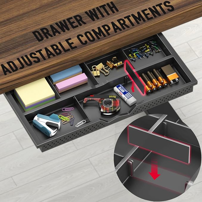SHW Mobile Electric Height Adjustable Standing Desk w/Drawer, Black | 40" Wide Top | w/ Memory Presets and Cable Management | Drawer with adjustable compartments | Hanging Hooks - Image 6