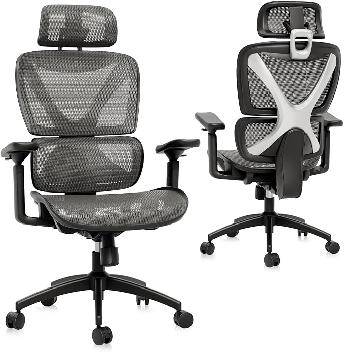 Ergonomic Office Chair, Big and Tall Mesh Chair with Lumbar Support, 3D armrest - 215° Rotation, Adjustable Headrest & Soft Seat, Durable Desk Chair 350LBS for Work Gaming Computer,Grey by GABRYLLY