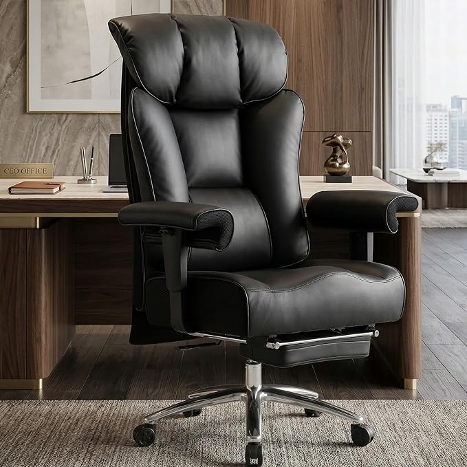 Efomao Big and Tall Executive Office Chair 450lbs,Black | 5.9" Thick Pocket Spring Cushion, Reclining Breathable PU Leather Desk Chair with Foot Rest, Soft Comfortable Support by OFFICECHAIR