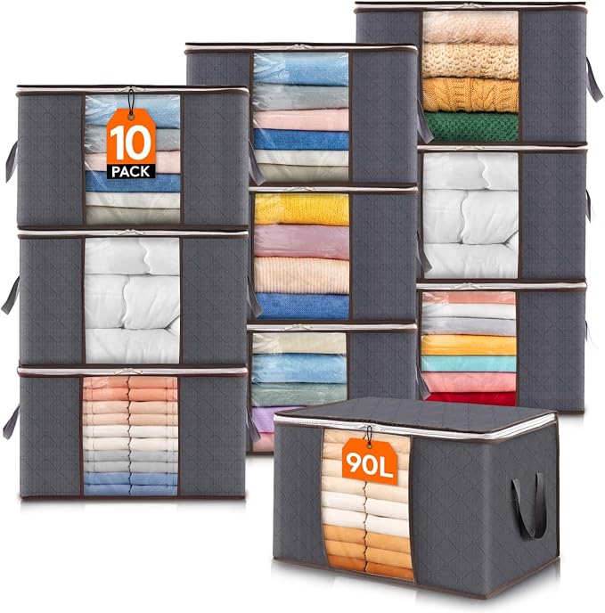 Lifewit 10 Pack 90L Clothes Storage Bins with Lids, Foldable Blanket Storage Bags with Zippers, Clear Window and Reinforced Handles, Closet and Organization for Clothing, Sweater, Comforter, Bedding by Lifewit